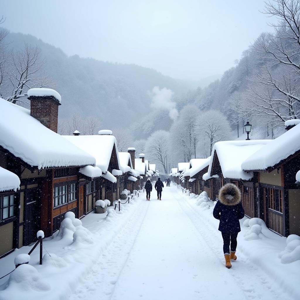 Du khách tận hưởng khung cảnh tuyết trắng xóa phủ kín làng cổ Shirakawa-go vào tháng 2, mang vẻ đẹp bình yên